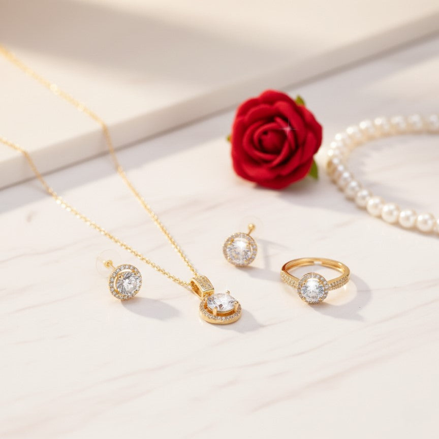 18K Gold-Plated Geometric CZ Set – Model 1