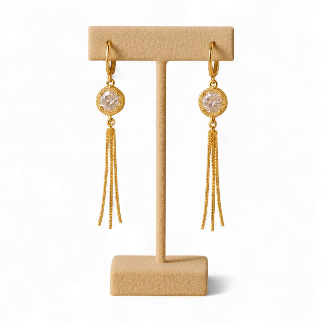 Gold Tassel Drop Earrings with Crystal Accent