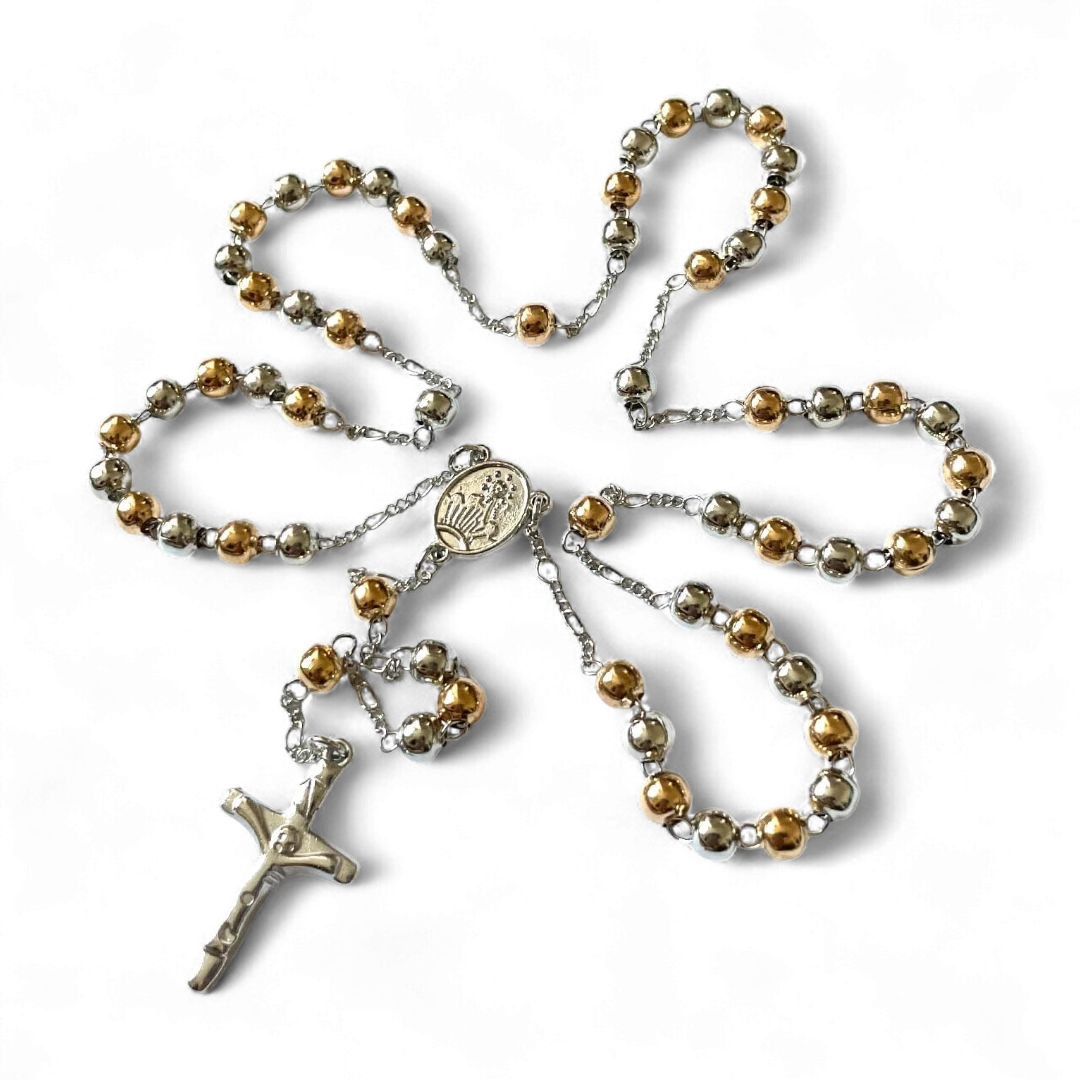 Gold And Silver Rosary Beads Necklace