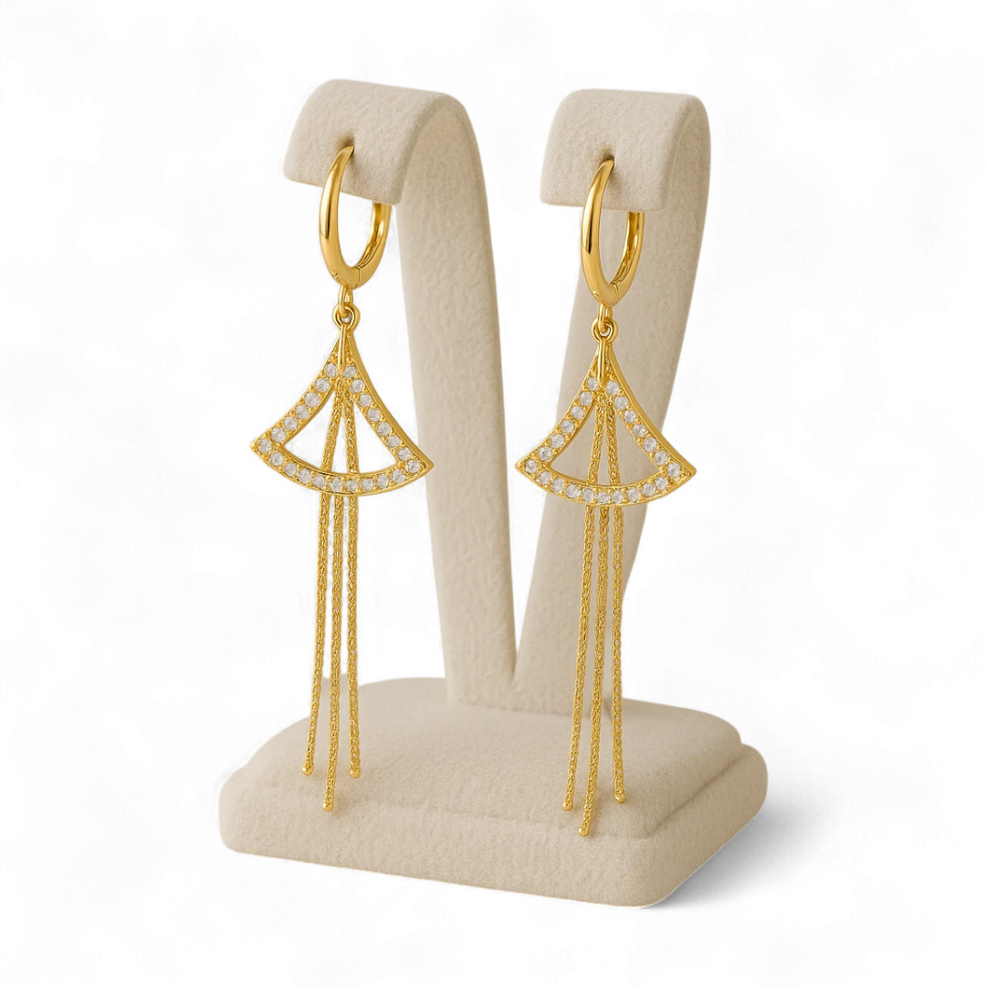 Gold Fan-Shaped Drop Earrings with Crystals