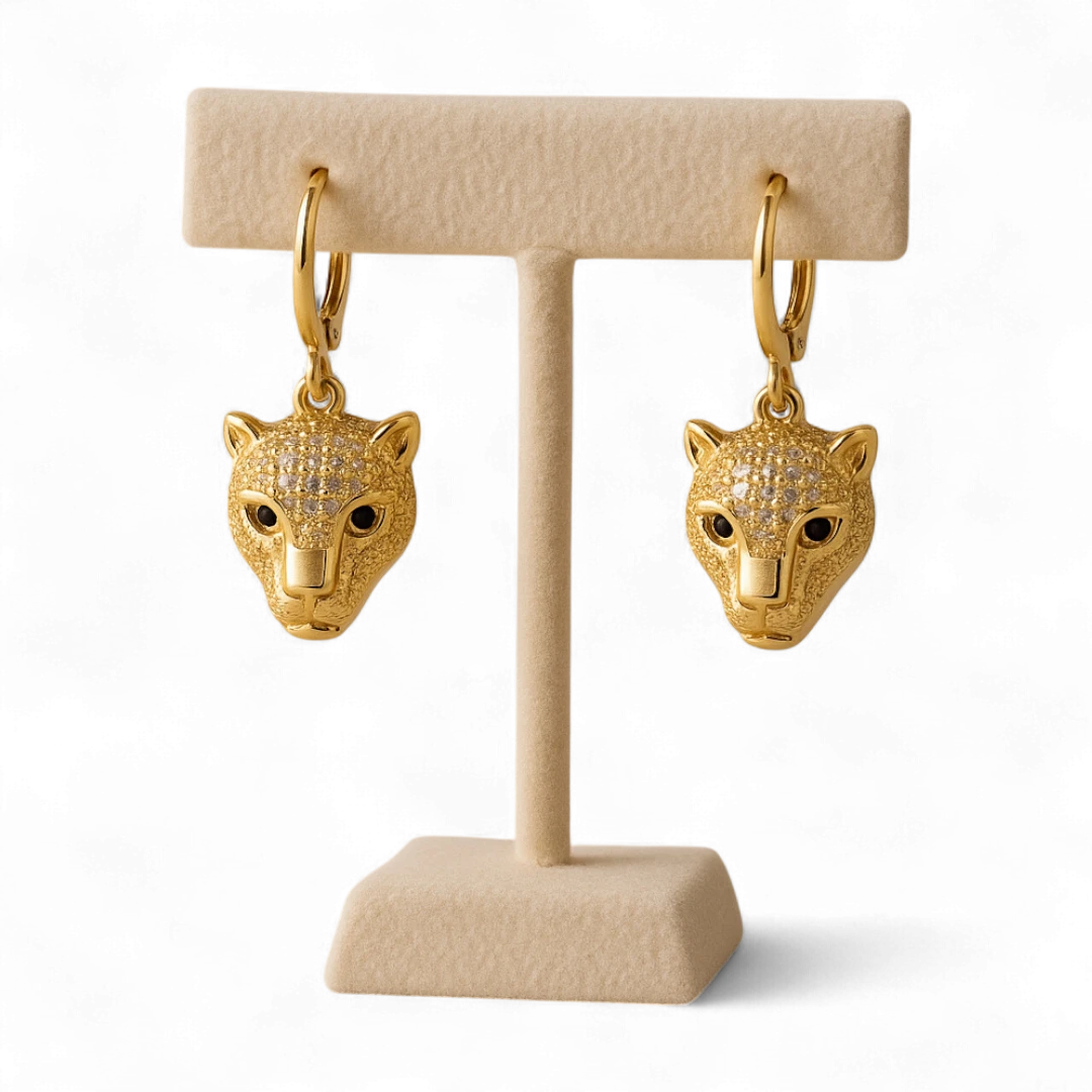 Gold Panther Head Drop Earrings with Crystal Accents