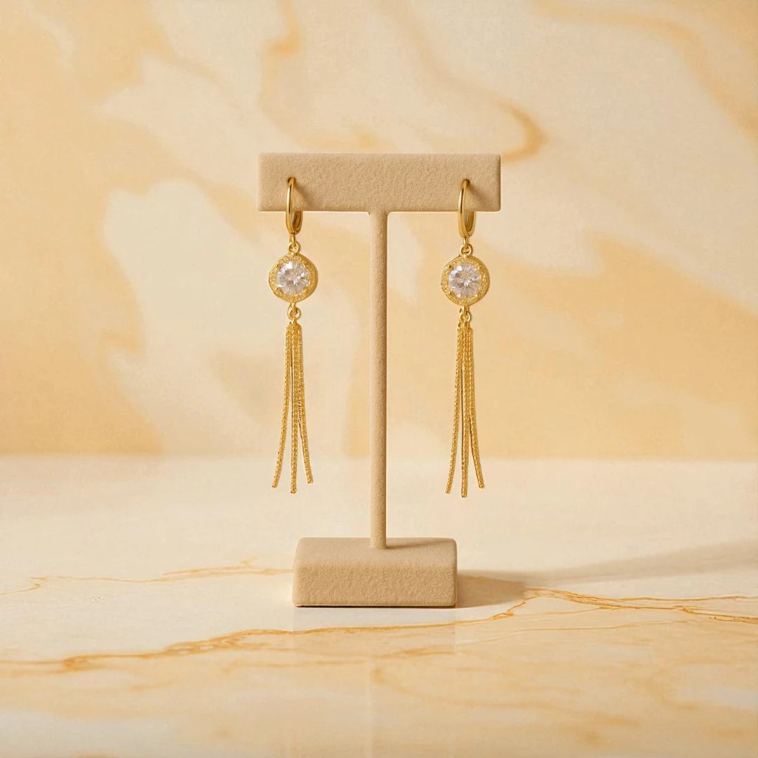 Gold Tassel Drop Earrings with Crystal Accent