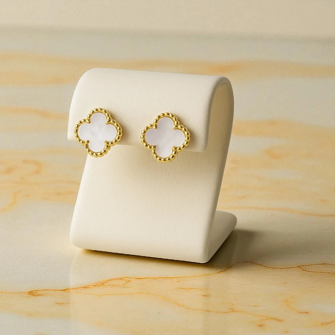 Gold Clover Stud Earrings with Mother of Pearl
