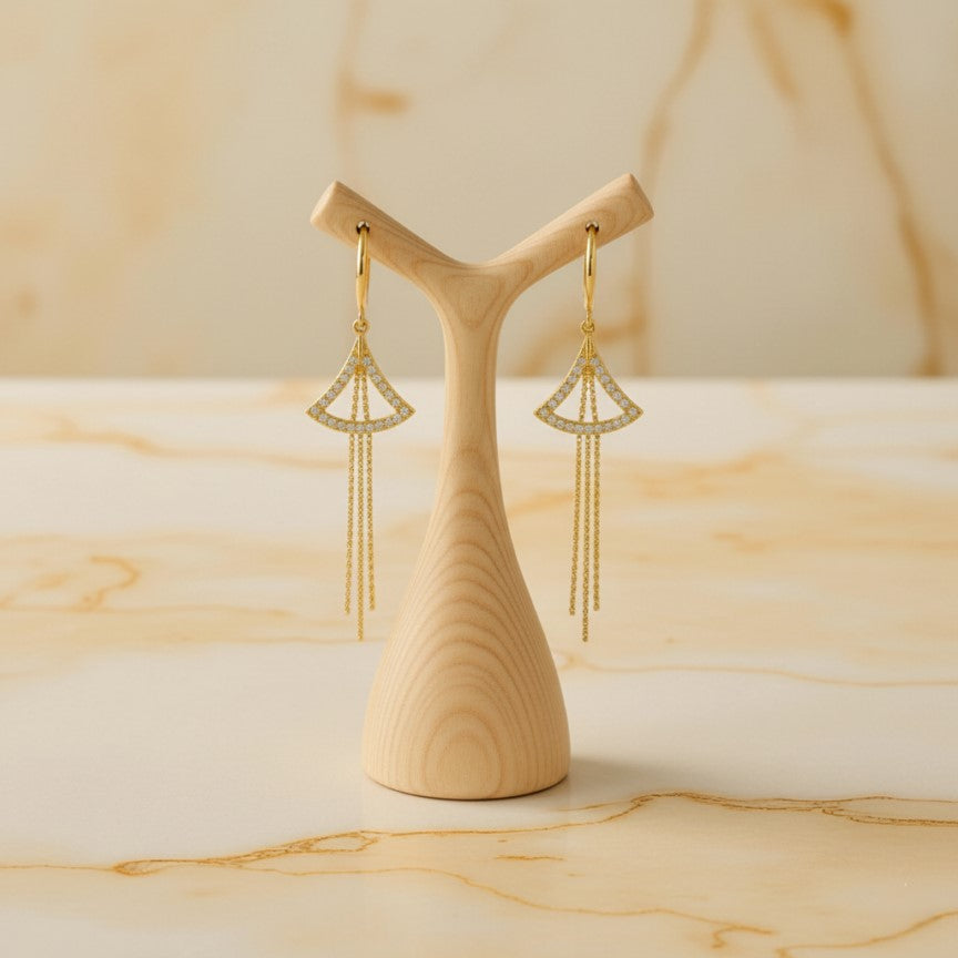 Gold Fan-Shaped Drop Earrings with Crystals