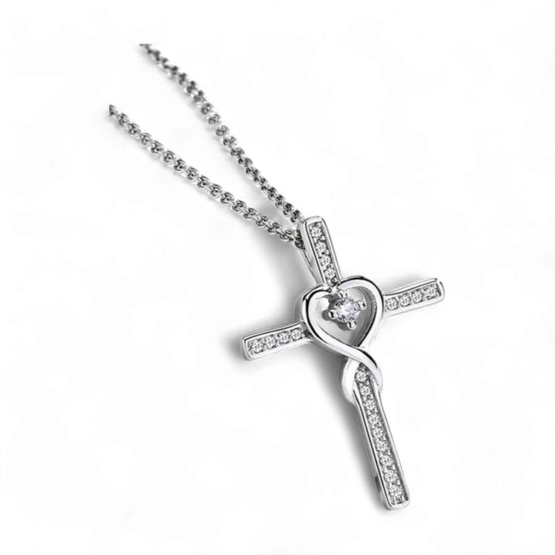 Heart Diamond Cross Sterling Silver Necklace