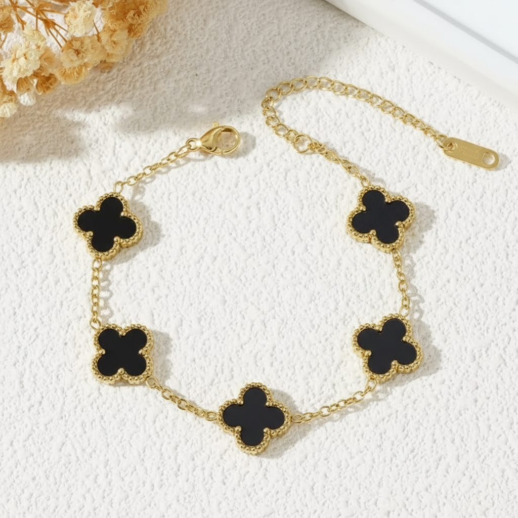 Five-Leaf Clover Gold Bracelet - Black