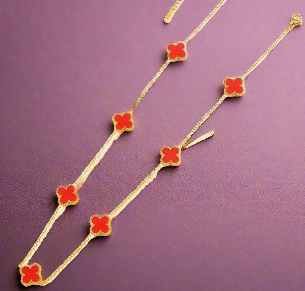 Dainty Gold Clover Pendant Necklace - Red