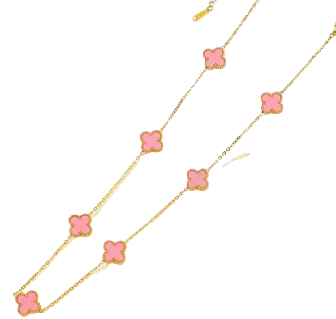 Dainty Gold Clover Pendant Necklace - Pink