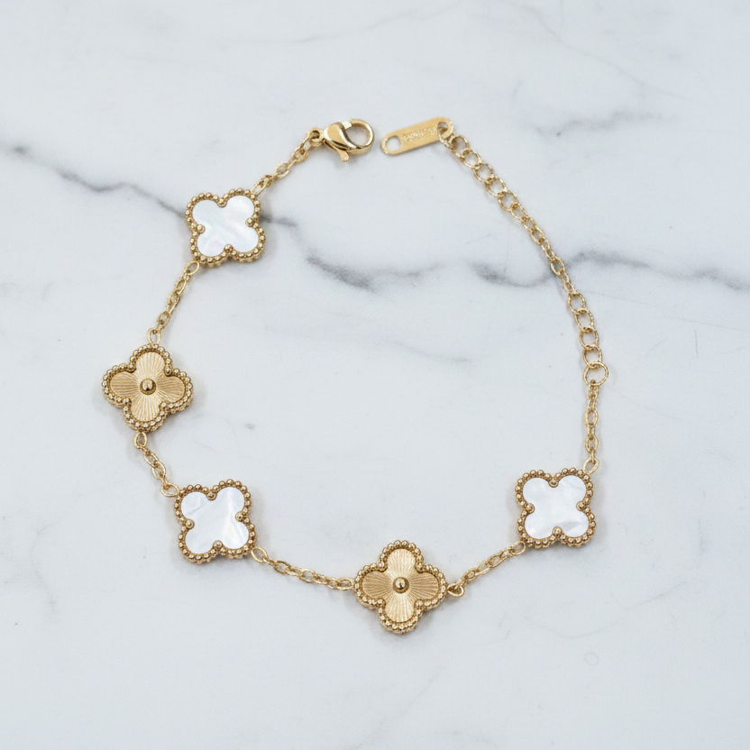 Five-Leaf Clover Gold Bracelet - White/Gold