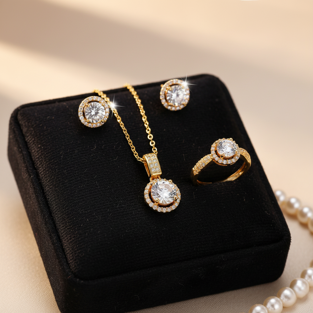 18K Gold-Plated Geometric CZ Set – Model 1