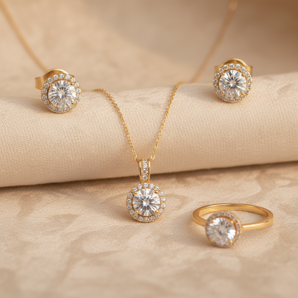 18K Gold-Plated Geometric CZ Set – Model 1