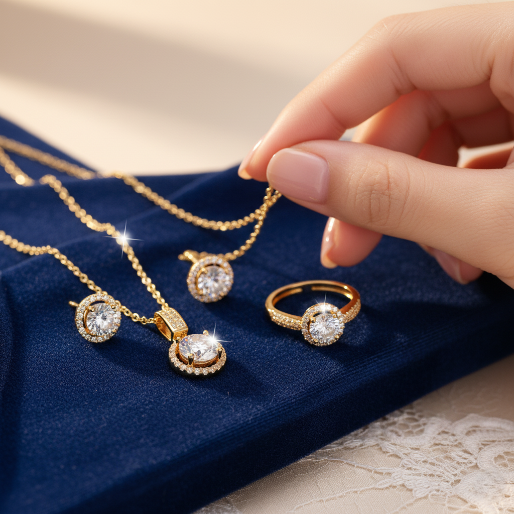 18K Gold-Plated Geometric CZ Set – Model 1