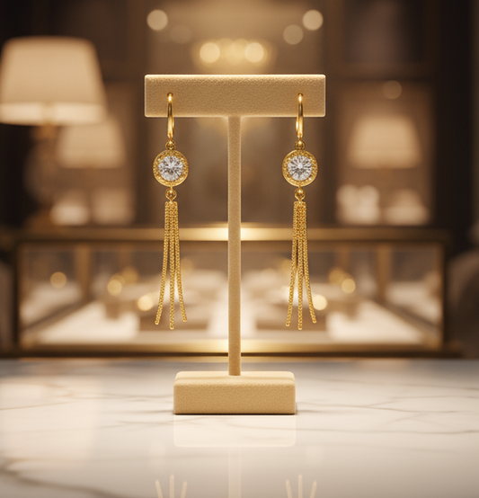 Gold Tassel Drop Earrings with Crystal Accent