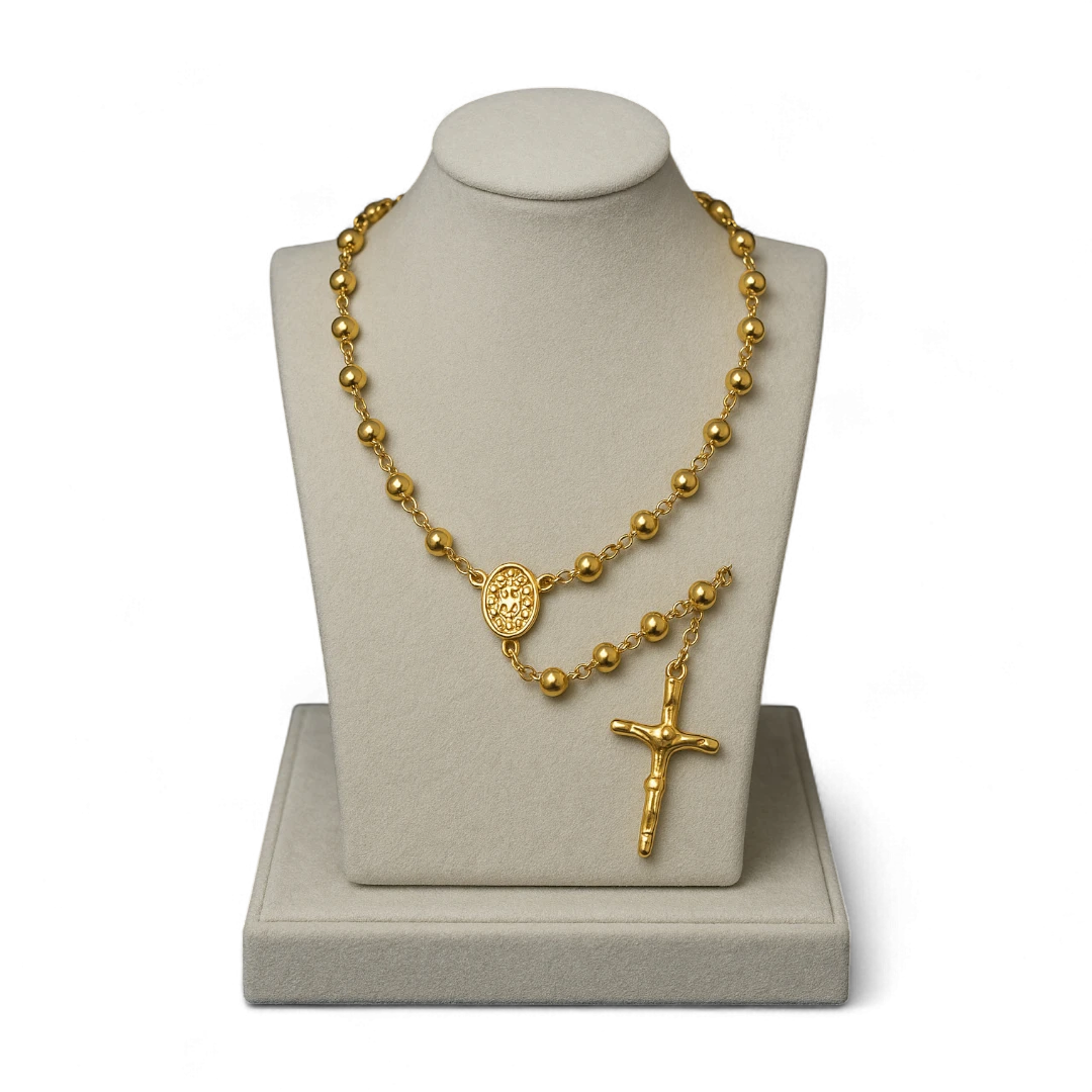 Gold Rosary Necklace with Cross Pendant