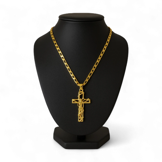 Gold Cross Necklace with Intricate Openwork Jesus Pendant