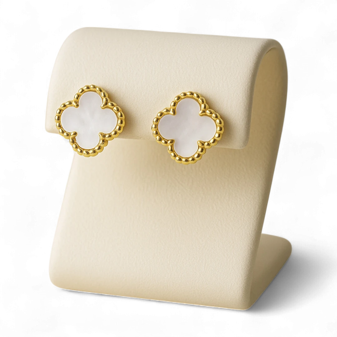 Gold Clover Stud Earrings with Mother of Pearl