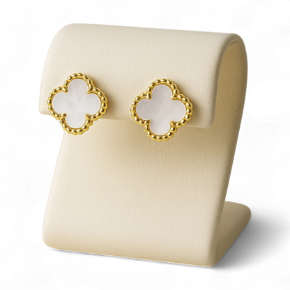 Gold Clover Stud Earrings with Mother of Pearl