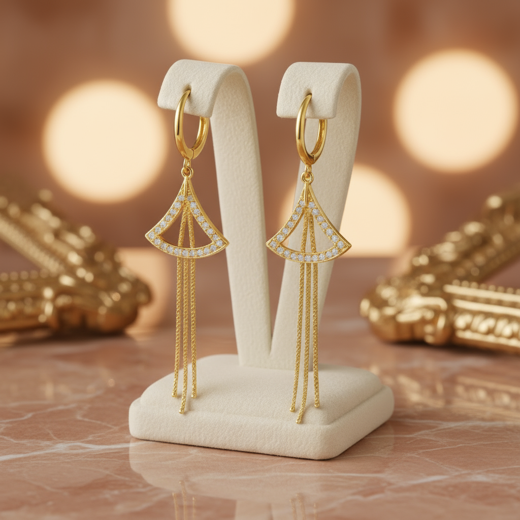 Gold Fan-Shaped Drop Earrings with Crystals