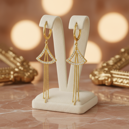Gold Fan-Shaped Drop Earrings with Crystals