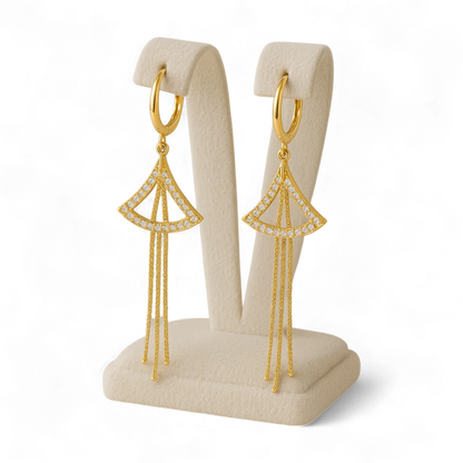 Gold Fan-Shaped Drop Earrings with Crystals