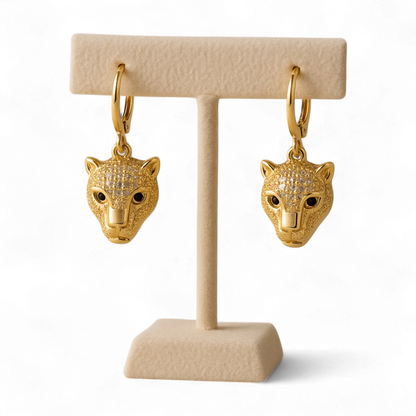 Gold Panther Head Drop Earrings with Crystal Accents