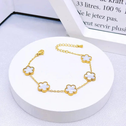 Five-Leaf Clover Gold Bracelet - White