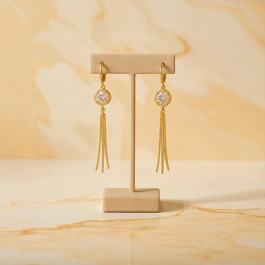 Gold Tassel Drop Earrings with Crystal Accent