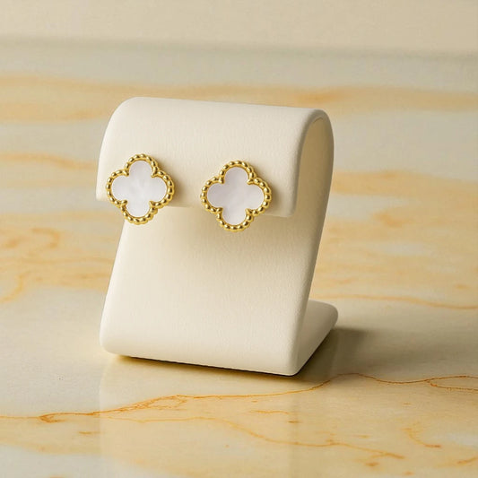 Gold Clover Stud Earrings with Mother of Pearl