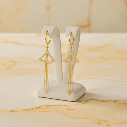 Gold Fan-Shaped Drop Earrings with Crystals