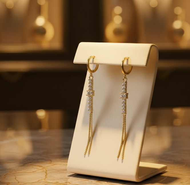 Gold Stone Tassel Drop Earrings