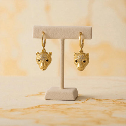 Gold Panther Head Drop Earrings with Crystal Accents