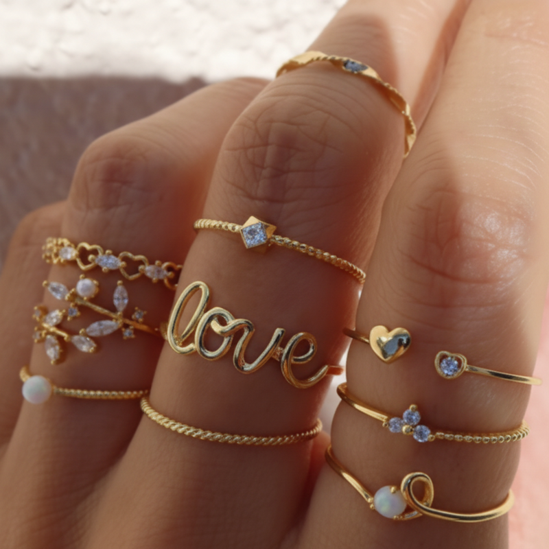 Golden Love & Charm Ring Set