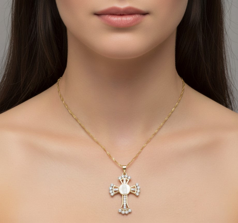 Cross and Holy Mary Gold Necklace