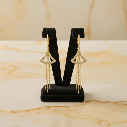 Gold Fan-Shaped Drop Earrings with Crystals