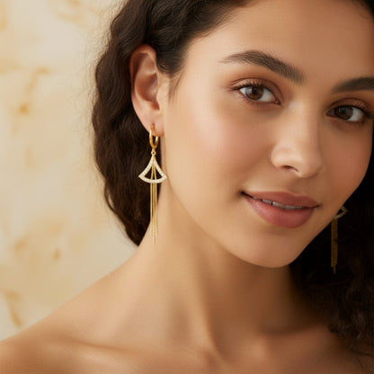 Gold Fan-Shaped Drop Earrings with Crystals