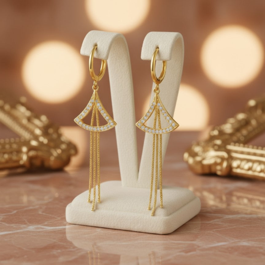 Gold Fan-Shaped Drop Earrings with Crystals