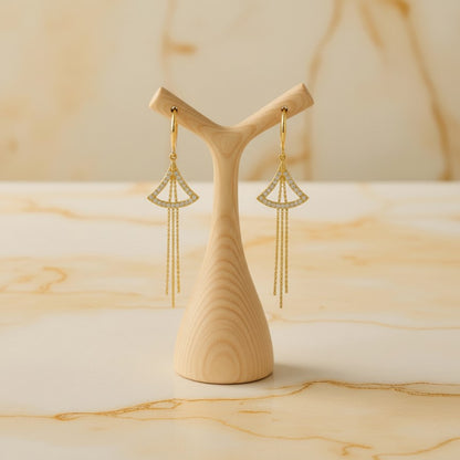 Gold Fan-Shaped Drop Earrings with Crystals