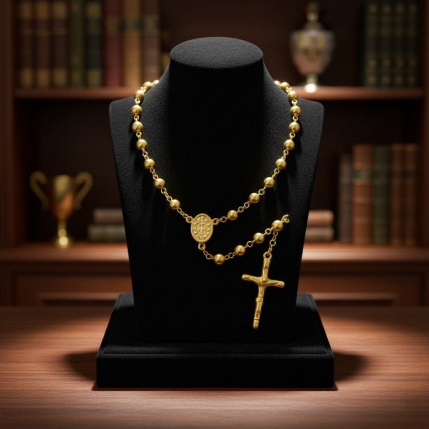Gold Rosary Necklace with Cross Pendant
