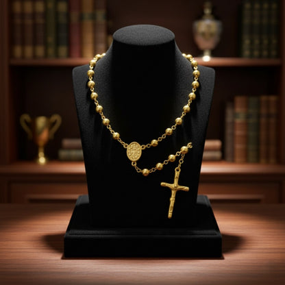 Gold Rosary Necklace with Cross Pendant