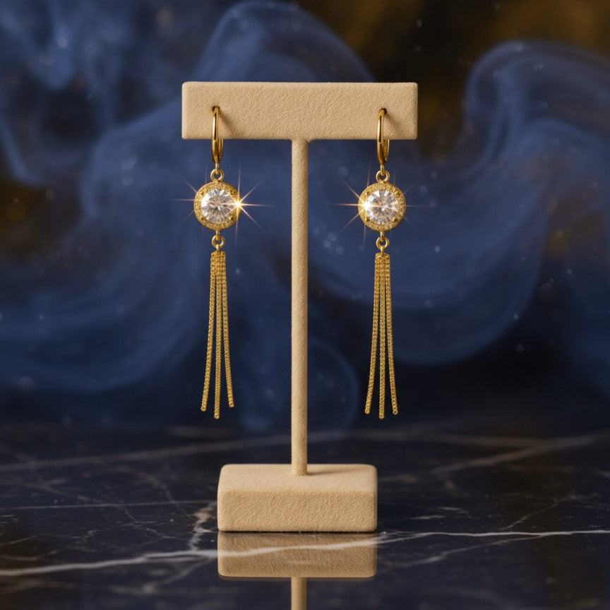 Gold Tassel Drop Earrings with Crystal Accent