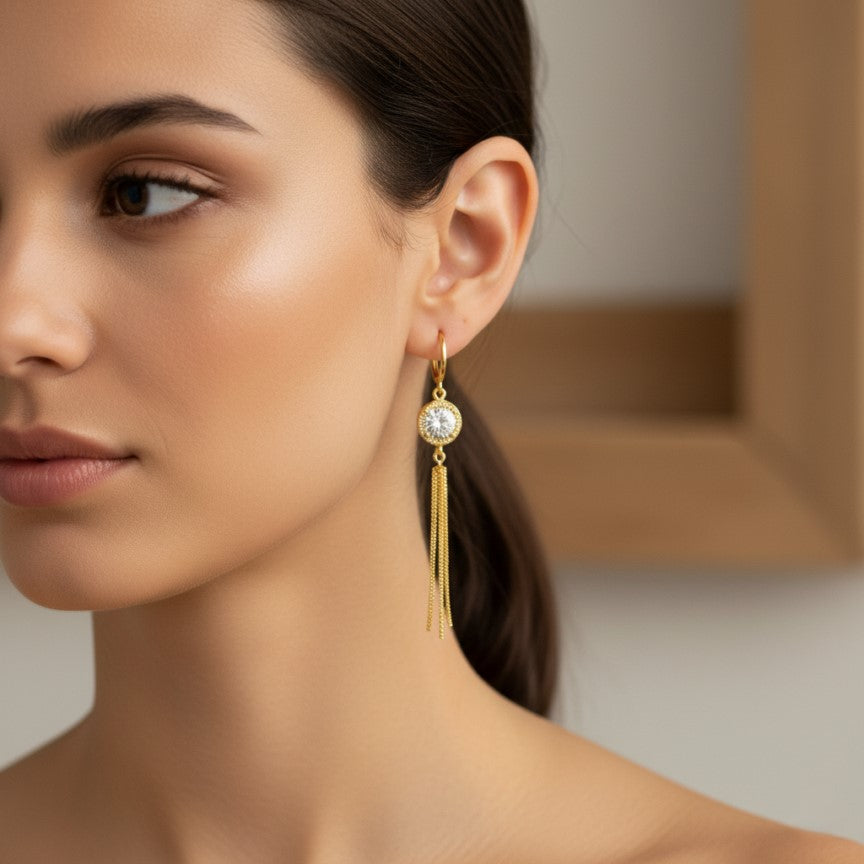 Gold Tassel Drop Earrings with Crystal Accent