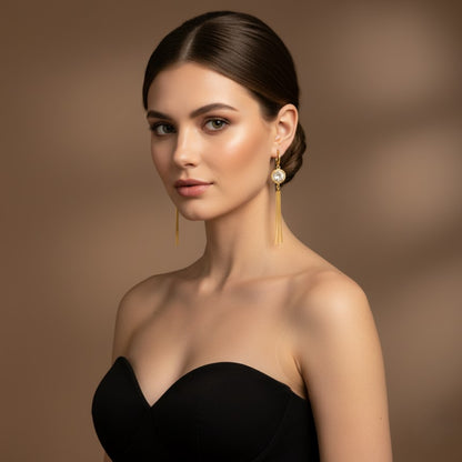 Gold Tassel Drop Earrings with Crystal Accent