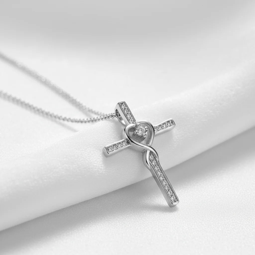 Heart Diamond Cross Sterling Silver Necklace