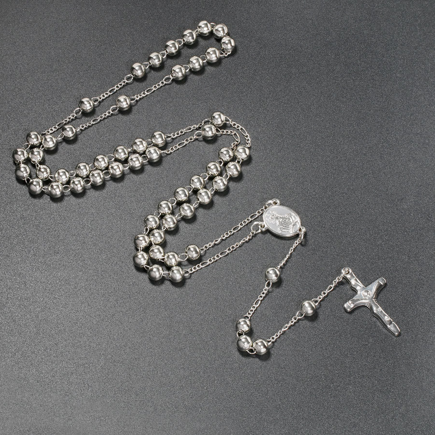 Silver Rosary Necklace with Cross Pendant