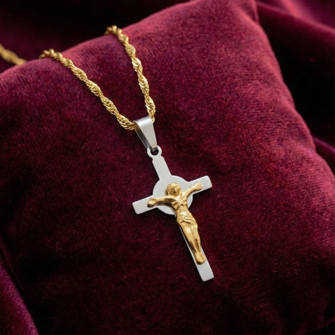 Two-Tone Crucifix Pendant Necklace