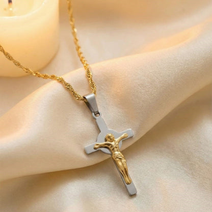 Two-Tone Crucifix Pendant Necklace
