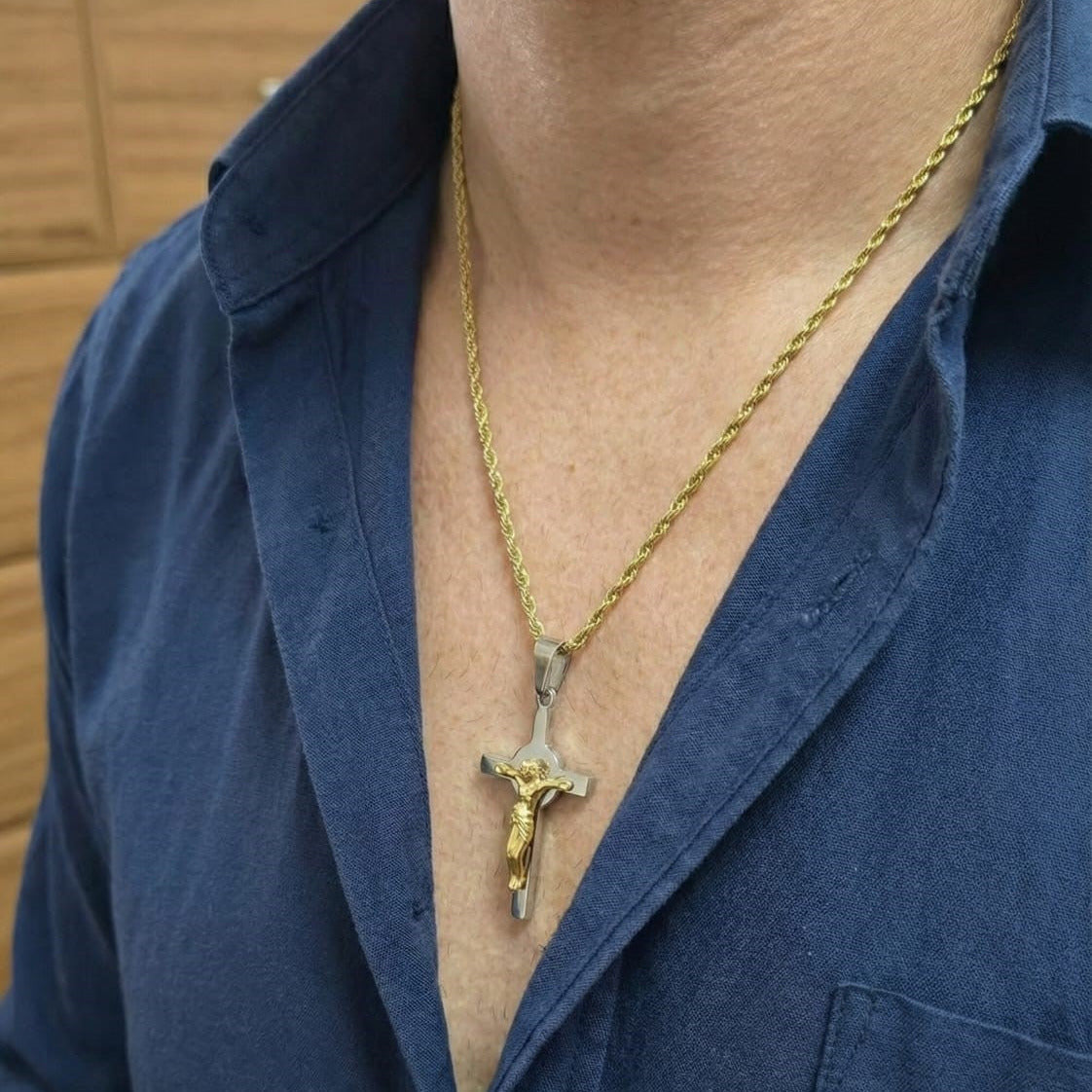 Two-Tone Crucifix Pendant Necklace