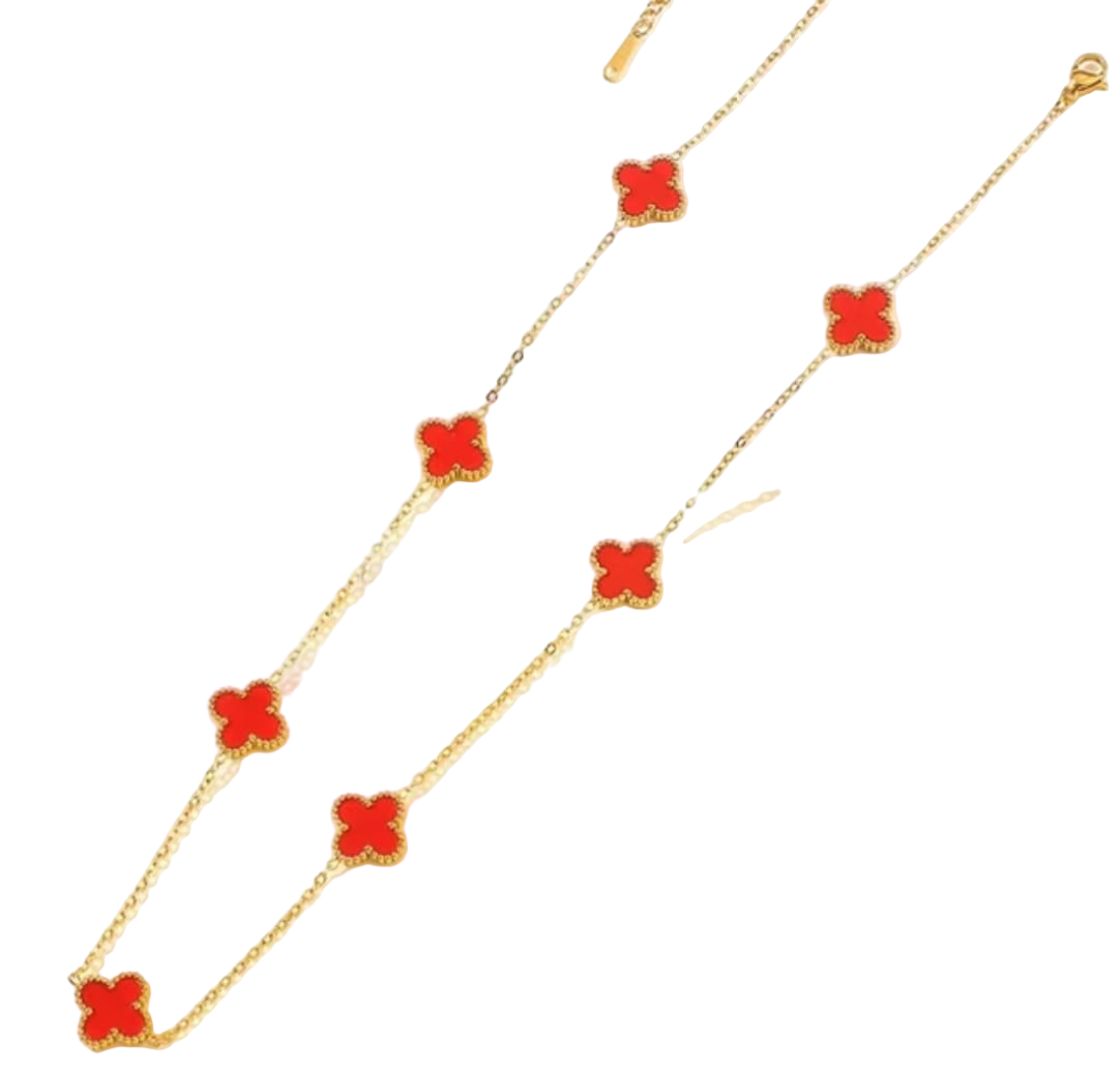 Dainty Gold Clover Pendant Necklace - Red