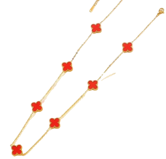 Dainty Gold Clover Pendant Necklace - Red