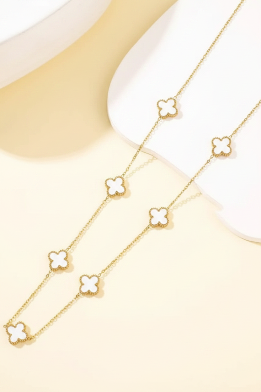 Dainty Gold Clover Pendant Necklace - White